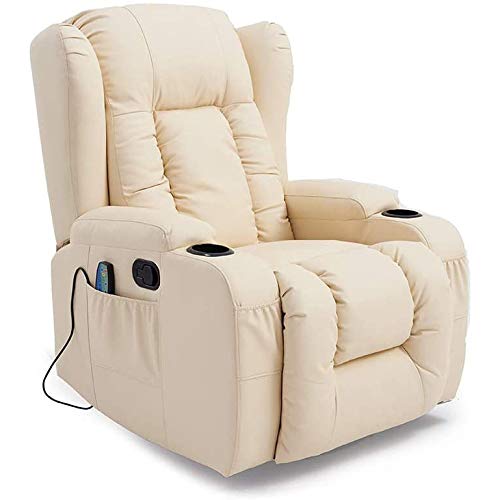 マッサージリラックスリクライニングチェア、マッサージスイベル加熱調節可能なリクライニングチェアシングルパッド入りレザーソファ、高齢者のためのリビングラウンジギフト,白