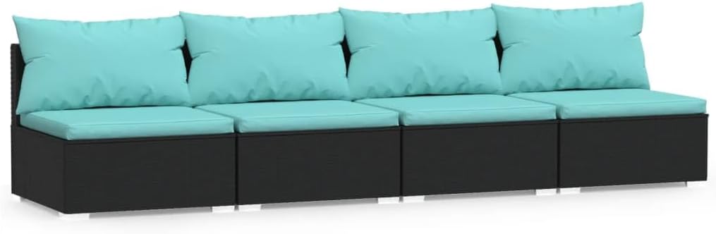 4-Seater Black PE Rattan Sofa, Powder-Coated Steel Frame, Plush Polyester Cushions for Outdoor Patio Seating