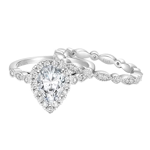 EAMTI 1.5CT 925 Sterling Silver Bridal Ring Sets Teardrop CZ Engagement Vintage Pear Promise Rings Marquise Wedding Bands for Women Size 7
