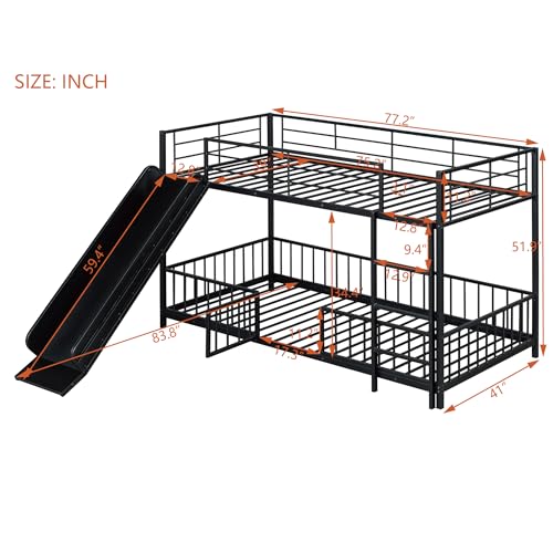 Image of Bellemave Twin Over Twin Bunk Bed with Slide and Ladder, Metal Low Bunk Bed for Kids, Girls, Boys, Removable Fence, with Door, Black
