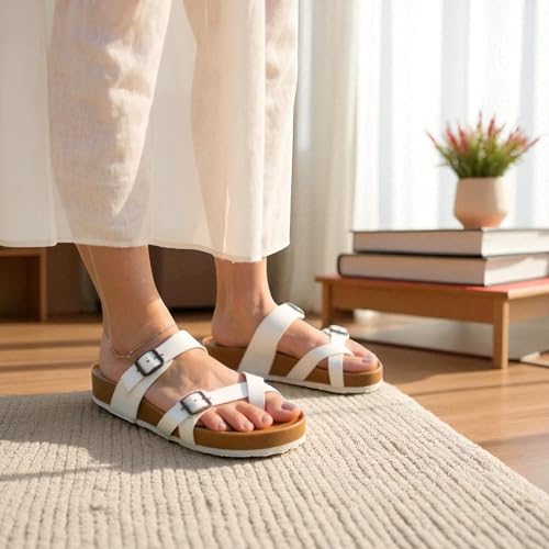 Image of Women's Genuine Leather Slippers | Comfort Sandals | Cushioned Suede Footbed | Anti-Skid Cork Sole | Flip Flips for Everyday Use