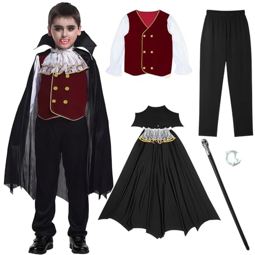 Qottmez 5PCS Vampir Kostüm Kinder Karneval Kostüm Kinder Jungen mit Vampirzähnen Zepter Kostüm Vampir Kinder für Karneval Kostüm und Cosplay Partys