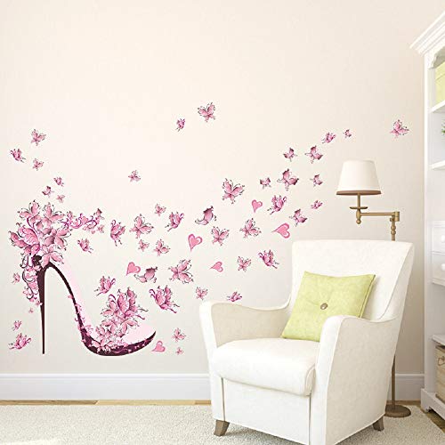 Pink High Heels Butterfly Wall Decal, Peel And Stick Removable Fashion Popular Elements Butterfly High Heels Wall Print Stickers Pictures Mural For Home Décor Cloakroom Living Room. #TOP3