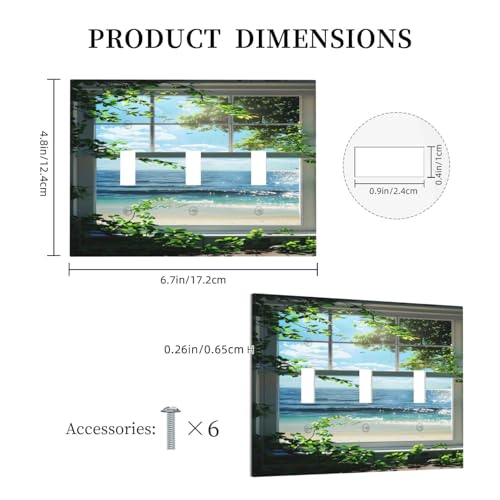 Decorative Switch Covers Plate Window Beach Seascape View Green Leaves 3 Gang Wall Plate Oversized Triple Toggle Light Switch Plate Jumbo Faceplate for Country Bedroom Home Decor