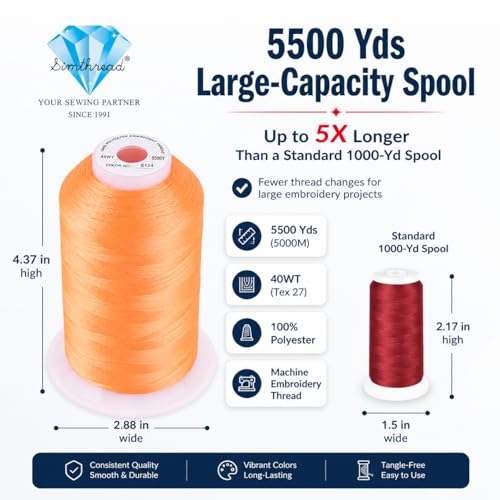 Image of Simthread 5500Yds /5000M 40WT Polyester Embroidery Thread Neon Orange S124 | Large 5000M spool feeds smoothly for home and commercial embroidery machines.
