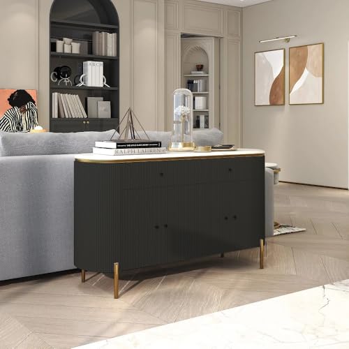 Image of Modern Console Table, 55 x 15 x 30 inch, White Ribbed Design, Marble Top, Gold Accents, 4-Door Storage Cabinet, Waterproof Plywood, PVD-Coated Legs, Elegant Entryway (Black)