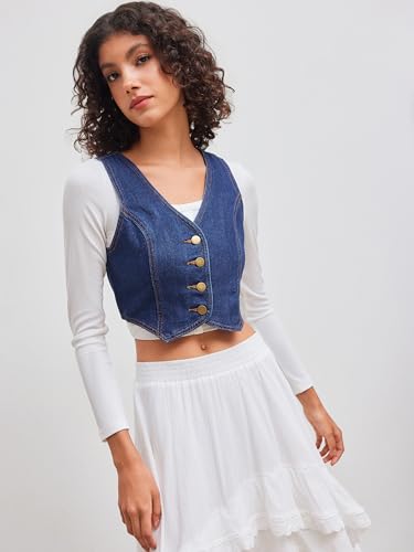 CIDER Women's Denim Vest V Neck Sleeveless Crop Vest Button Down Casual Tops Trendy4