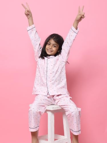 Image of Girls Premium Cotton Full Sleeves Printed Nightsuit Set | Collar Style Night Dress for Girls | Soft & Breathable Pajama Set | Trendy Kids Sleepwear & Nightwear