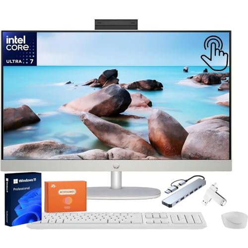 Image of HP All in One Desktop Computer Touchscreen, Intel Ultra 7-155U(Up to 4.8 GHz), 27 inch FHD IPS Touchscreen, 16 GB DDR5, 1 TB SSD, Adjustable Angle, Wi-Fi 6, Ethernet, Windows 11 Pro, W /Accessories