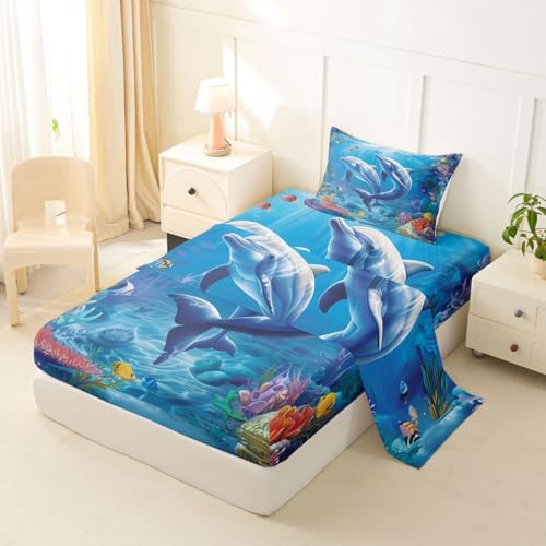 Image of jejeloiu Dolphin Bed Sheets Set Twin Size Cute Ocean Animal Bed Set Jumping Dolphins Deep Pocket Fitted Sheet Blue Ocean Marine Themed Breathable Soft Lightweight Microfiber