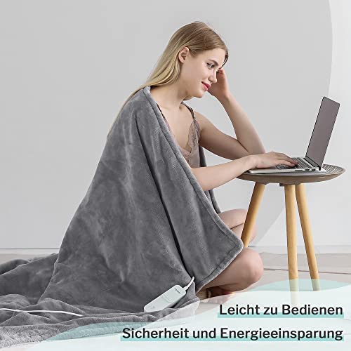 CORIWELL Wärmedecke Heizdecke mit Abschaltautomatik - 180 ×130 cm Flanell Elektrische Wärmedecke, 3 Temperaturstufen - Waschbar Heizdecke Kuscheldecke fürs Bett mit Überhitzungsschutz - Grau
