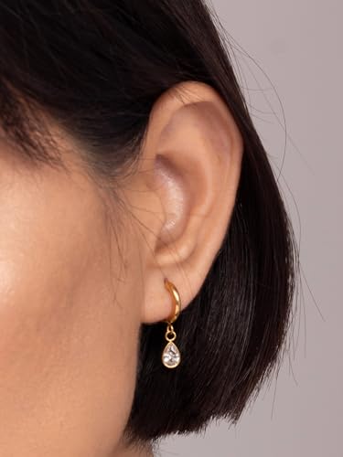 Image of PALMONAS 18k Gold Plated Solitaire Drop Hoop Earrings for Womens Waterproof & Anti-Tarnish