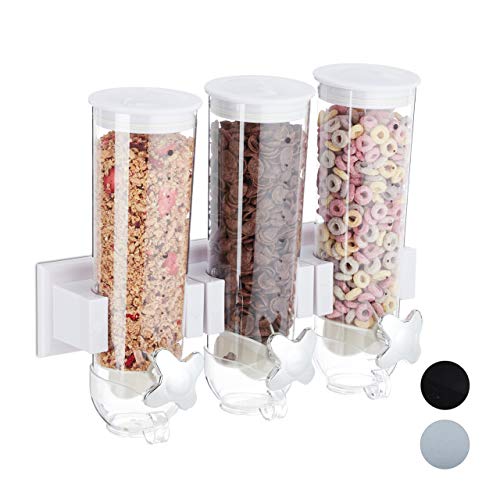 Relaxdays Distributore Cornflakes Triplo, Montaggio a Parete, Cereali & Dolcetti, HLP: 32x40x14,5 cm, bianco