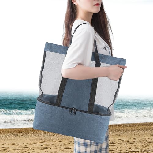 Bolsa de Playa con hielera de Malla Bolsa de Picnic con Compartimento isotérmico de Playa para Viajes en la Piscina Color Azul Marino