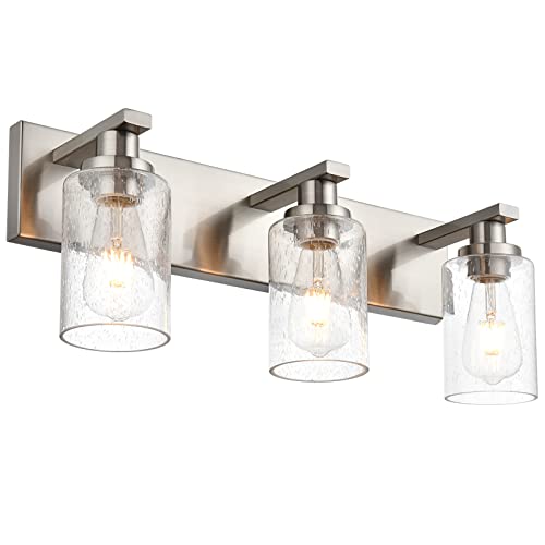 WINSHEN Brushed Nickel Bathroom Vanity Light Over Mirror, 3-Lights Metal Wall Lighting Fixtures with Seeded Glass Shades
