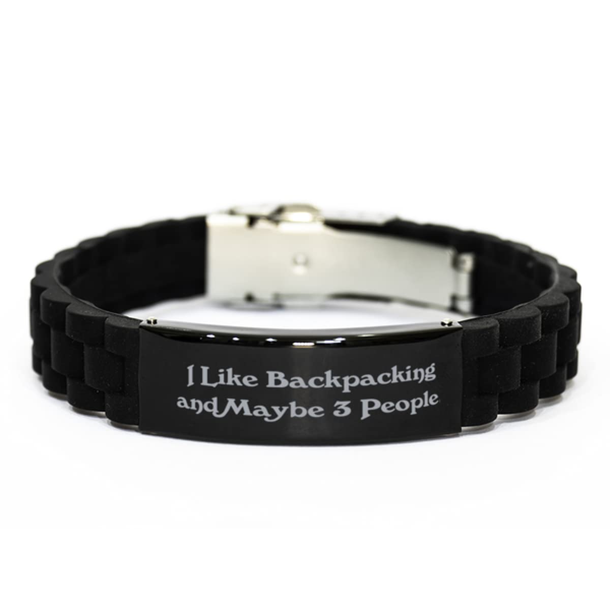 Joke Backpacking Gifts, I Like Backpacking and Maybe 3 People, Joke Birthday Black Glidelock Clasp Bracelet Gifts For Friends, Hiking, Camping, Travel, Outdoors, Adventure, Nature, Gift ideas