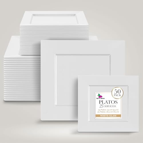 Lista de Cubiertos desechables elegantes para comprar hoy. 50 Berry Bloom 50 Platos Elegantes Reutilizables para Fiesta, Vajilla de Platos Cuadrados, Incluye 25 Platos Grandes (25 cm) y 25 Platos medianos (16 cm)