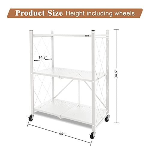 Alanng Storage Shelves Heavy Duty On Wheels, 3 Tier Rolling Cart, Metal Shelving Units 28" W X 14" D X 35" H For Garage Kitchen Bakers, Metal Wire, Collapsible/Foldable Organizer Rack, White #TOP5