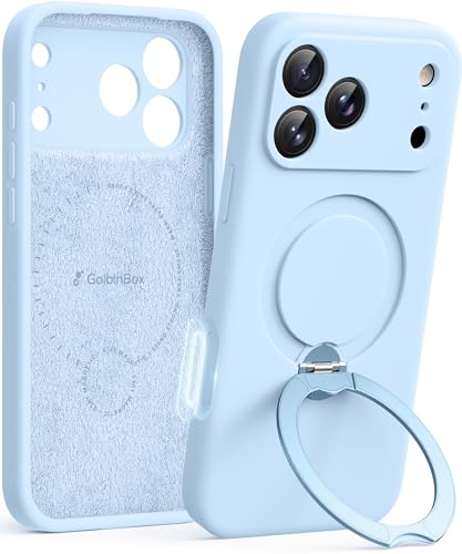 GolbinBox for iPhone 17 Pro Max Case with 360° Spin Magnetic Stand, [Compatible with MagSafe] [Full Camera Protection], Shockproof Liquid Silicone Case with Ring Stand for 17 Pro Max 6.9'', Light Blue