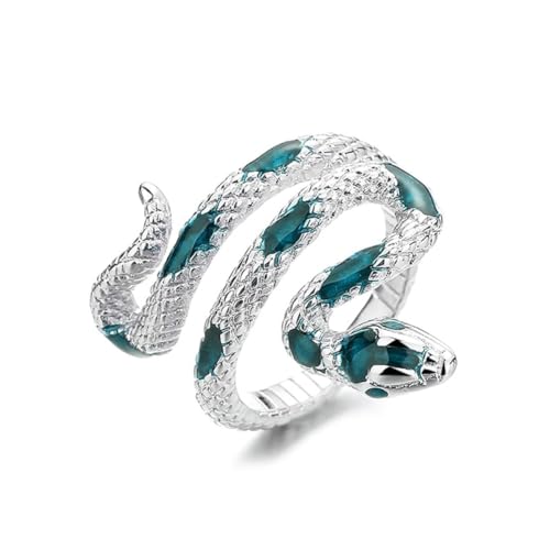 HAIXIAN Spiral green Snake Womens Ring Open Punk Gothic Cocktail Party Wrap Twist Snake Silver plated Ring Jewelry for Women (Ring_A_Green Adjustable)