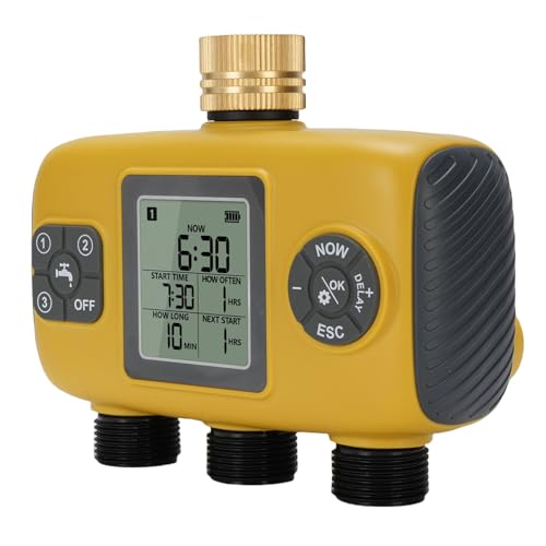 Fafeicy Temporizador de Aspersor de 3 Salidas, Temporizador de Manguera Programable con Entrada de Latón, Retardo de Lluvia, Controlador de Riego Automático Manual, para Riego de