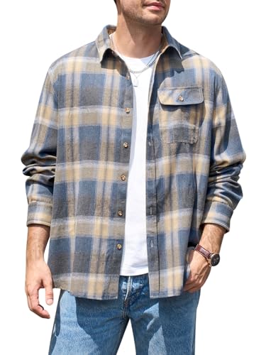 Runcati Camisa de manga larga para hombre a cuadros, camisa de franela con botones, camisa informal para hombre, corte regular, informal, con bolsillo en el pecho, azul, M