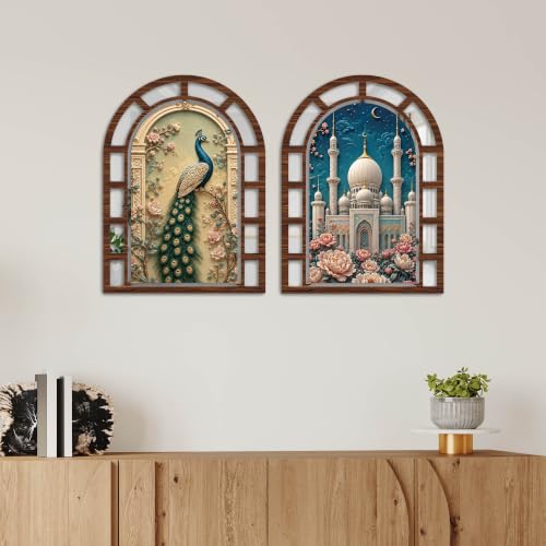 Image of Artvibe Traditional Peacock & Floral Mosque Theme Wall Hanging Decor | Jharokha Mirror Wall Hanging for Living Room, Hall, Bedroom, Dining Room & Office | Gift For Mom & Sister (WHJ 12005N), Set of 2