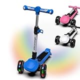 Elecorange T200 Electirc Scooter for Kids, Light Up Scooter with Big LED Wheels, Flashing Deck, Adjustable Heights, 3 Wheeled Scooter, Balance Training Scooter for Kids 3-7, 4-6, 3+, Blue