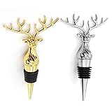 2 Packs Deer Wine Stoppers，Reusable Alloy Wine Bottle Accessories Stoppers for Home Bar or Party (Sliver+gold)