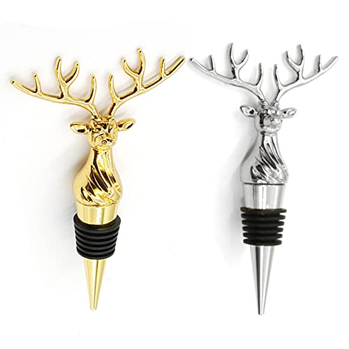 2 Packs Deer Wine Stoppers，Reusable Alloy Wine Bottle Accessories Stoppers for Home Bar or Party (Sliver+gold)