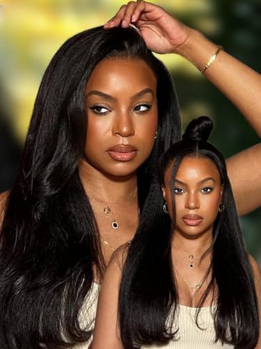 Image of Sunber Yaki Straight Human Hair Bye Bye Knots Pre Cut 7x5 Lace Front Wigs