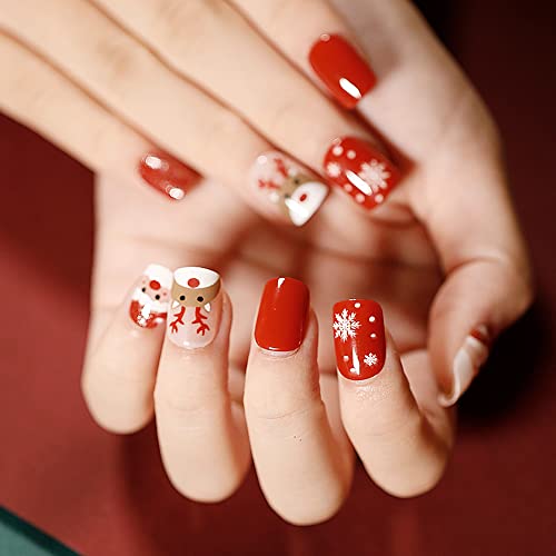 KXAMELIE Christmas Red Fake Nails Short,Cute Snowflakes and Elks Full Cover Coffin False Nails,Glossy Square Press on Nails for Women Girls DIY Art Decoration,24 PCS