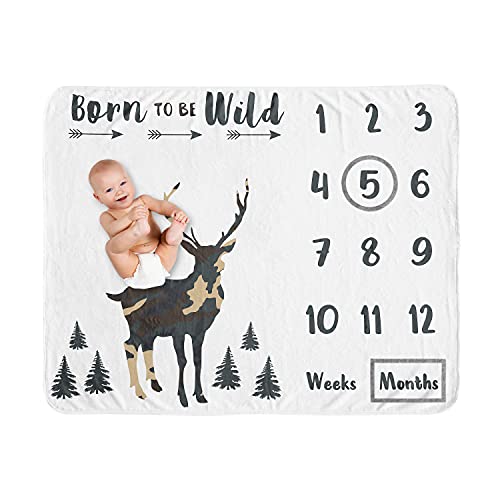 Image of Sweet Jojo Designs Woodland Camo Deer Boy Milestone Blanket Monthly Newborn First Year Growth Mat Baby Shower Memory Keepsake Gift Picture - Beige Green Black Rustic Forest Animal Camoflauge Arrows