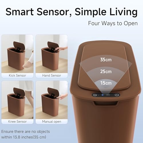 Image of TIPGO 5 Gallon Motion Senor Bathroom Trash Can with Lid, Automatic Garbage Can Touchless, Smart Plastic Waste Basket for Narrow Spaces, Bathroom, Office, Bedroom, Living Room (Brown)