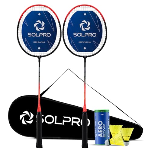 Image of SOLPRO VORTEK 3000 Badminton Racket Set (2 Pcs) with 3 Shuttlecocks for Beginners & Intermediate, Adult & Kids with Full Cover Bag, Lightweight Durable Racket for Practice & Match (Black /Red)