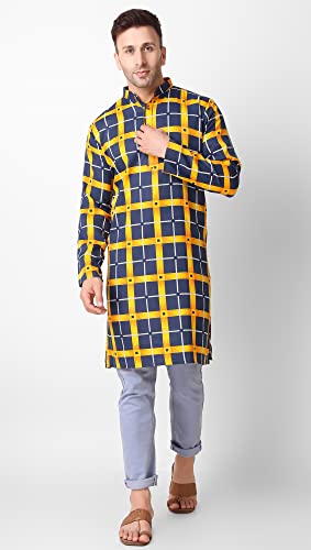 SKAVIJ Men's Printed Checkered Cotton Tunic Casual Kurta Shirt Great (Navy Gold, Large)4