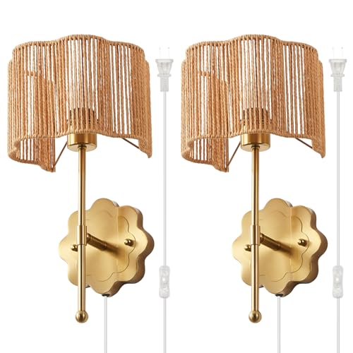 Image of Boho Rattan Wall Sconces, Plug in Cord Hand Woven Wicker Wall Light Brushed Brass Finish Flower Shade Set of 2 for Bedside,Living Room, Hallway, Fireplace