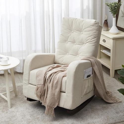 Nursery Rocking Chair Oversized Dutch Velvet Upholstered Nursery Glider Rocker with Solid Wood Base and Side Pocket Comfy High Back Armchair Single Sofa Chair for Living Room Bedroom Office Beige