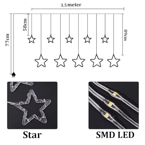 Image of MoonlitDreams Fairy Star Curtain LED String Light 10 Diyas 96 LED 3 Meter Plug in Decorative Lighting with 8 Modes for Window Curtain Home Festival Party Decor