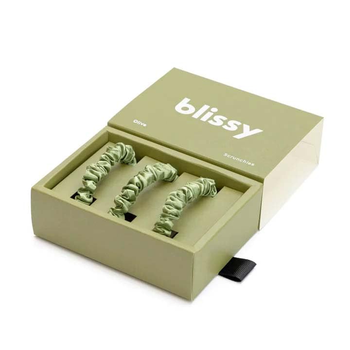 Image of Blissy Silk Scrunchies (3 Pack) - 100% Pure Mulberry Silk - 22 Momme 6A High-Grade Fibers Scrunchie for Straight & Curly Hair (Olive, Skinny)