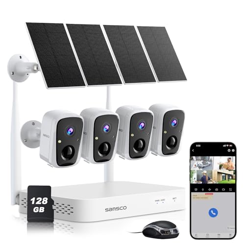 SANSCO Security Cameras Outdoor Wireless, 4 Cam Kit, No Subscription, Solar-Powered, Home Camera System 10CH WiFi NVR, 128G up to 240-day Recording, 4MP Color Night Vision, 2 Ways Audio, 5G & 2.4G