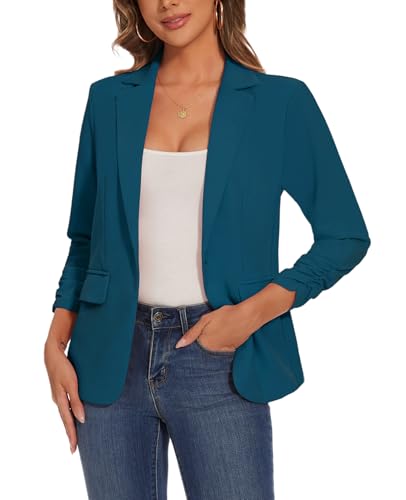 Women's Casual Single Button Front Blazer Ruched 3/4 Sleeve Notched Lapel Office Lightweight Blazers with Pockets