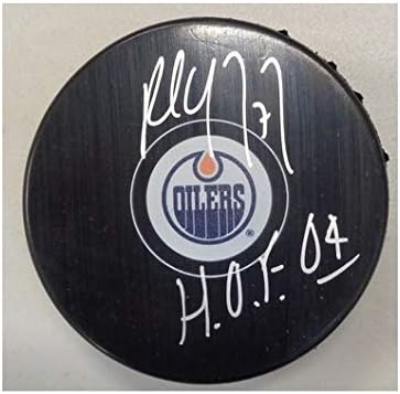 Paul Coffey Autographed Edmonton Oilers Logo Puck w/"HOF 04" Inscription