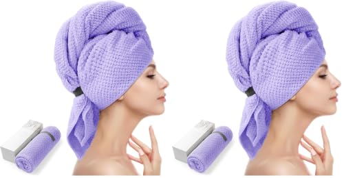 Image of YFONG X-Large Hair Towel Wrap for Women, Super Absorbent Microfiber Hair Towel for Curly Hair, Fast Drying Hair Turbans with Elastic,Hair Drying Towel Wrap for Hair Care 30 inch X 40 inch (Purple) (Pack of 2)