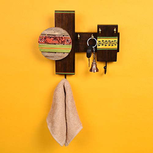 Image of AAKRITI ART CREATIONS Key Holder, Handcrafted Madhubani Art Key Hanger | Rustic Wood Wall Organizer with 4 Hooks | New Home Gifts | Multifunctional Entryway Decor Item