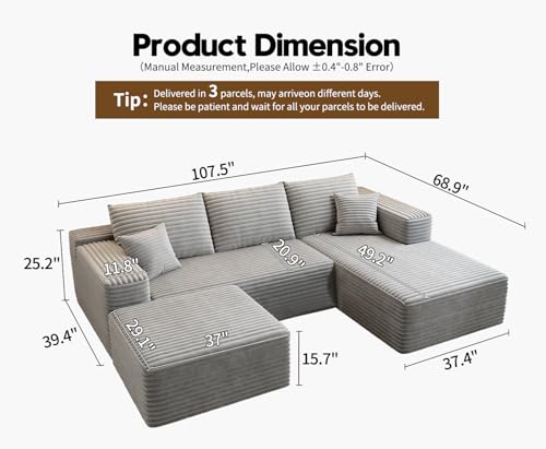 Image of 107.5 inch Cloud Modular Sectional Couch with 1 Ottoman,Modern Minimalist Upholstered Couches, Comfort U Shaped Sofa for Living Room,Deep Seat Corner Couch,No Assembly Required (Grey,Right Facing Chaise)