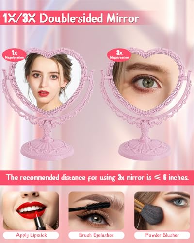 Espejo de maquillaje giratorio doble rosa con soporte miniatura 5