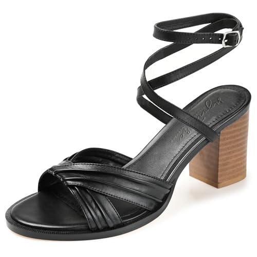 Journee Collection Signature Womens Genuine Leather Freeda Buckle Ankle Wrap Pleated Sandals Strappy Padded Stacked Heel
