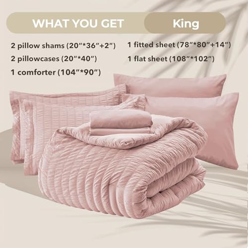 Image of HYMOKEGE Rose Gold King Size Comforter Set Seersucker 7 Pieces, All Season Luxury Bed in a Bag for Bedroom, Bedding Set with Comforters, Sheets, Pillowcases & Shams