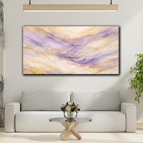 Toile abstraite marbre violet or 50x25cm décoration murale luxe châssis 3cm - 3